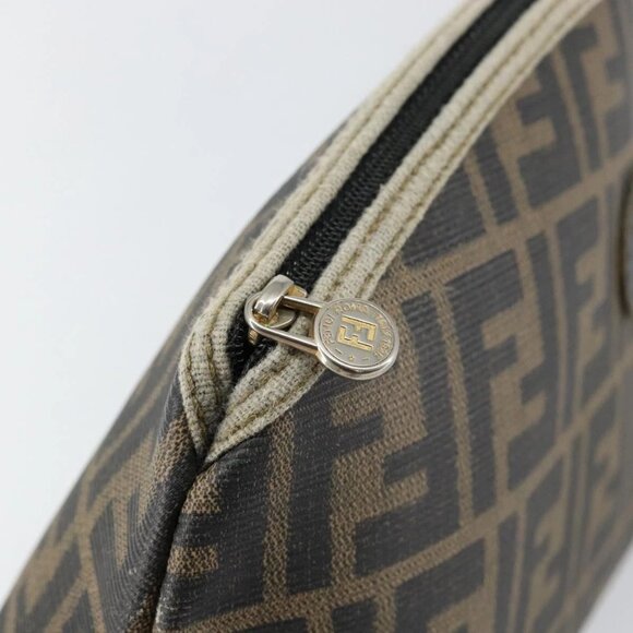 FENDI Zucca Canvas Pouch PVC Vintage Brown Black gold Auth - Picture 9 of 16